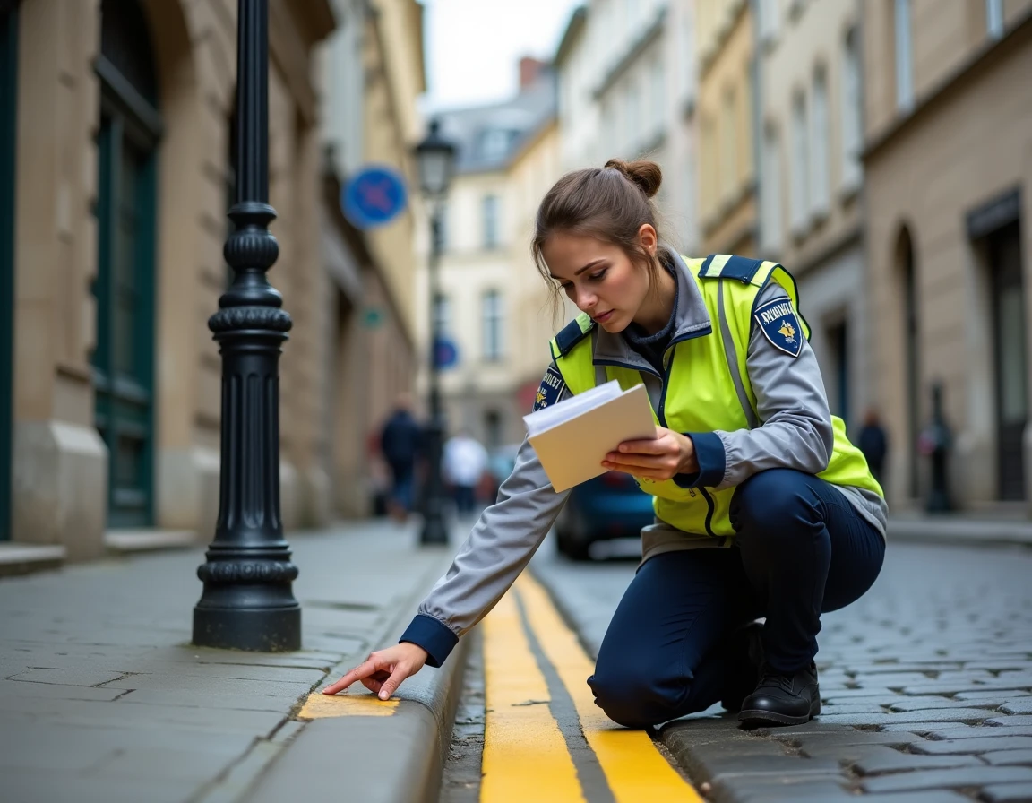 Agent de stationnement municipal inspectant une bande jaune réglementaire peinte sur les pavés d'un centre-ville