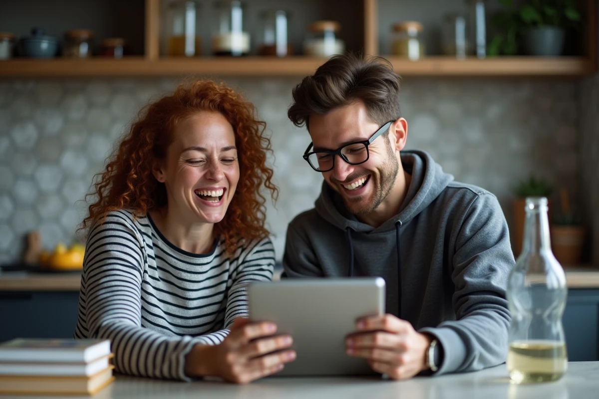 Deux amis regardant ensemble La Flamme en streaming sur une tablette dans une cuisine moderne