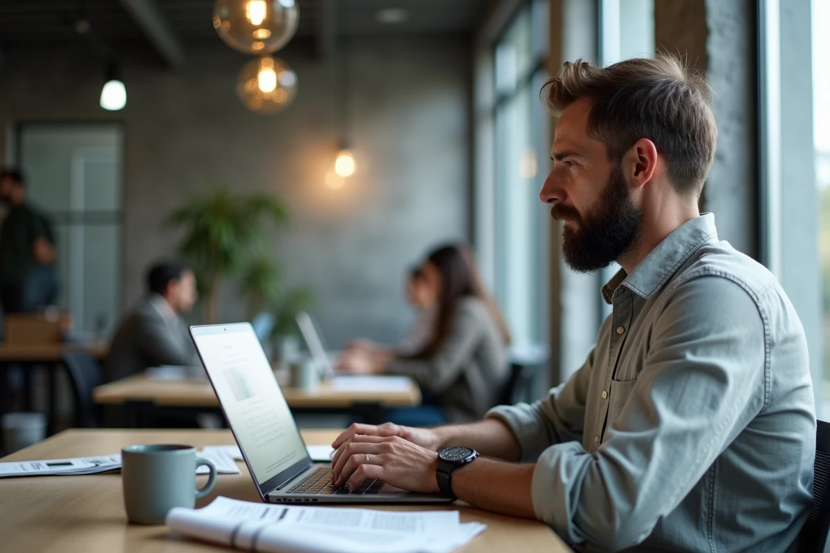 Analyste indépendant consultant des articles d'actualité alternative sur un ordinateur portable dans un espace de coworking