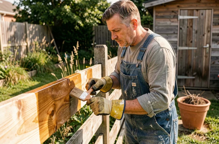 Homme appliquant la lasure bois Parkside Lidl sur une clôture en pin dans un jardin, test DIY réaliste