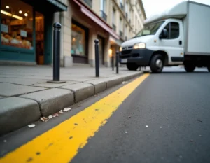 Bande jaune de stationnement interdit peinte sur le trottoir d'une rue urbaine française avec un véhicule garé à proximité