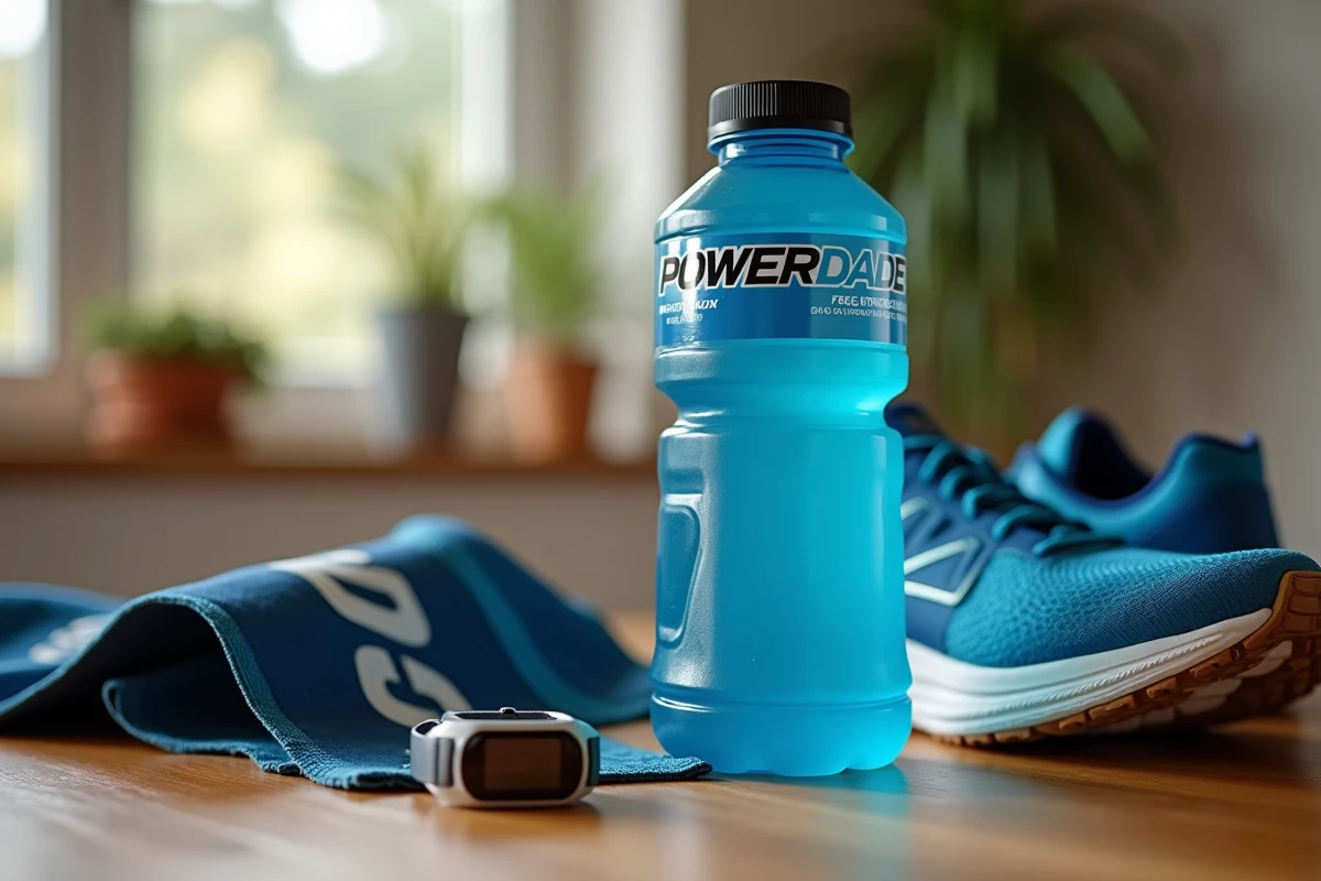 Bouteille de Powerade posée sur une table avec des équipements de running comme une montre GPS et des chaussures de course