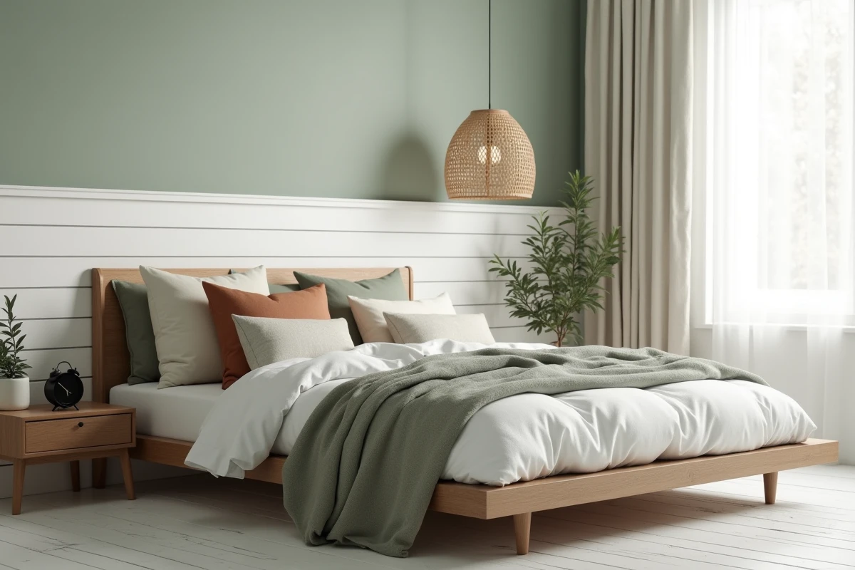 Chambre cocooning scandinave avec literie en lin superposée, table de nuit en bois et décoration végétale épurée