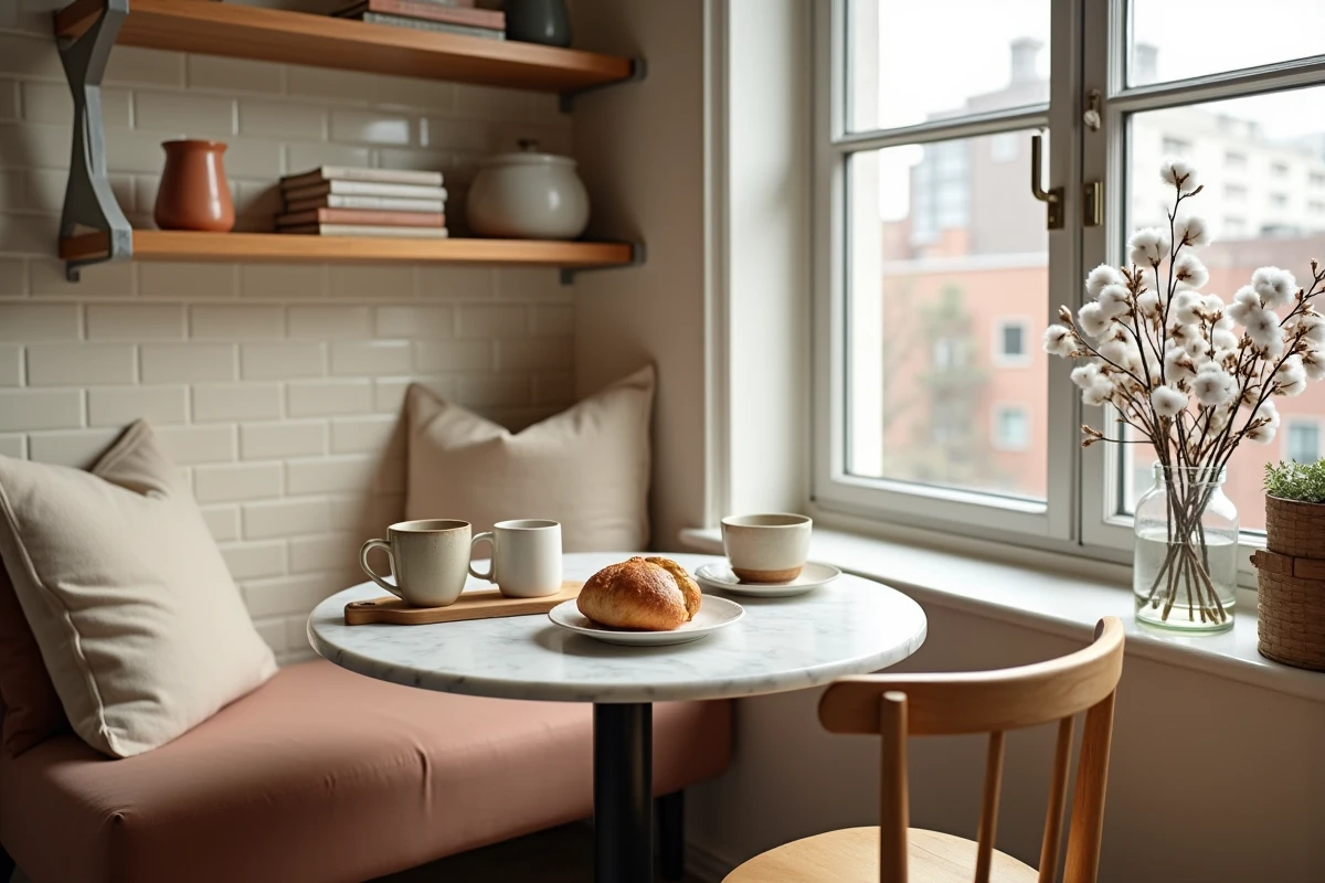 Coin cuisine cosy avec table ronde en marbre, mugs vintage et étagères en bois ouvertes dans un appartement urbain