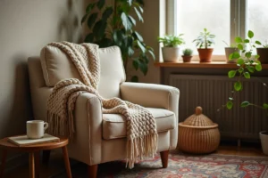 Coin salon cocooning avec fauteuil en lin, plaid en tricot épais et étagère en bois brut dans un appartement chaleureux