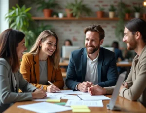 Groupe de professionnels collaborant autour d'une table dans un espace de co-working, illustrant les principes de l'économie participative