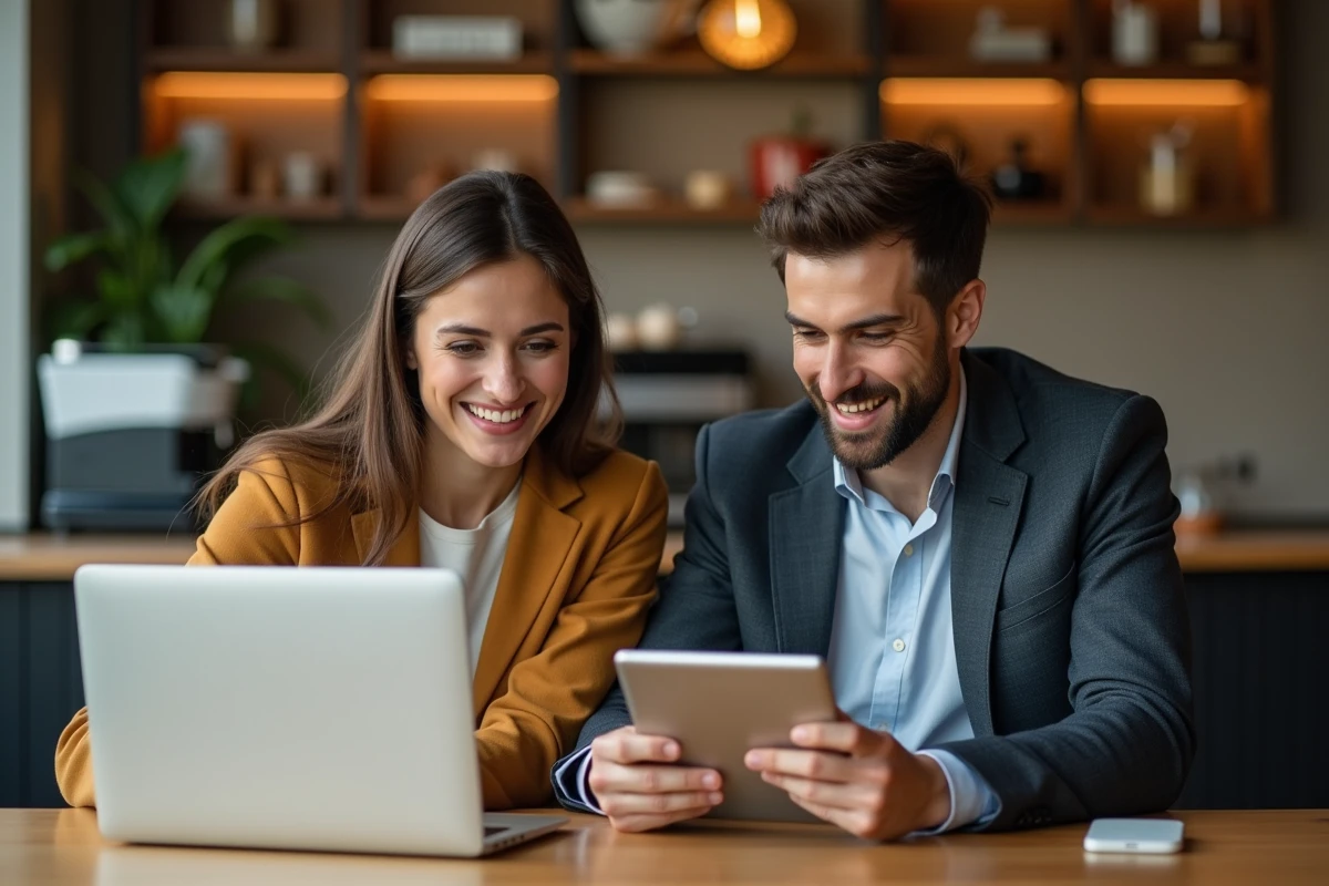 Deux collègues partageant des conseils et astuces informatiques autour de laptops dans un café moderne