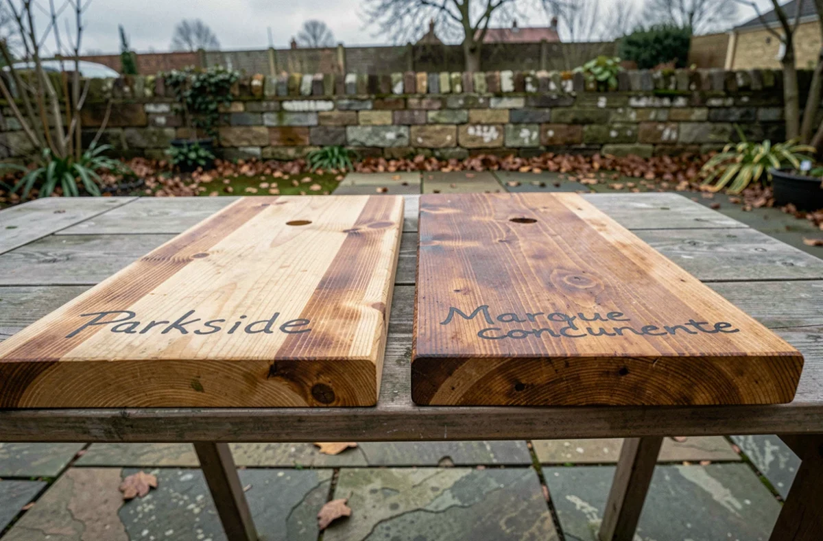 Comparaison de deux planches en bois teintées avec la lasure Parkside Lidl et une marque concurrente sur une table de jardin