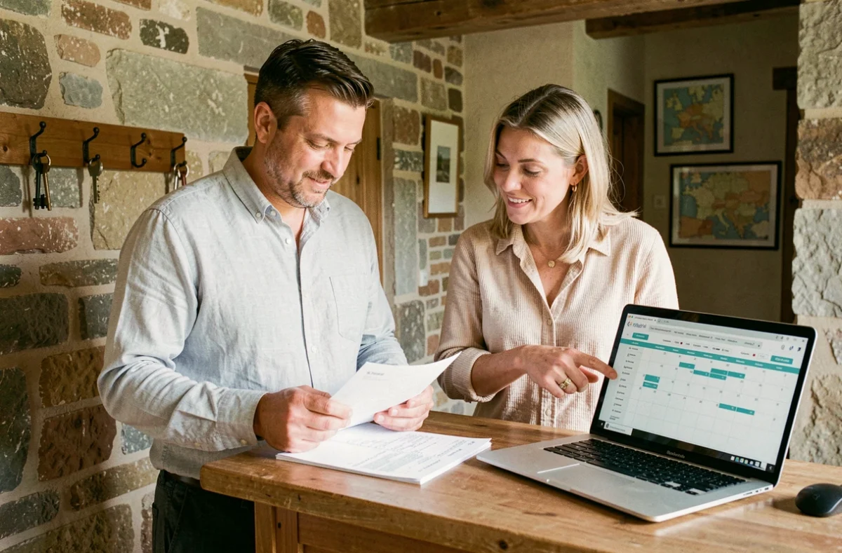 Couple gérant ensemble un gîte rural français à la réception, consultant les réservations sur ordinateur et carnet papier