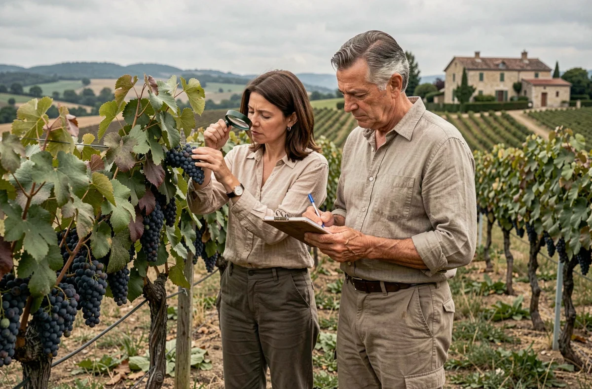 Couple de viticulteurs travaillant ensemble dans les vignes françaises, inspectant les raisins et prenant des notes agronomiques