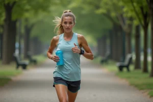 Coureuse tenant une bouteille de Powerade avant de commencer son jogging en plein air dans un parc urbain