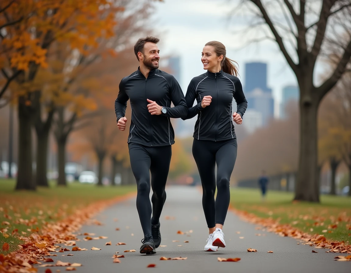 Deux personnes qui courent ensemble sur un sentier dans un parc urbain en automne, tenue de running technique