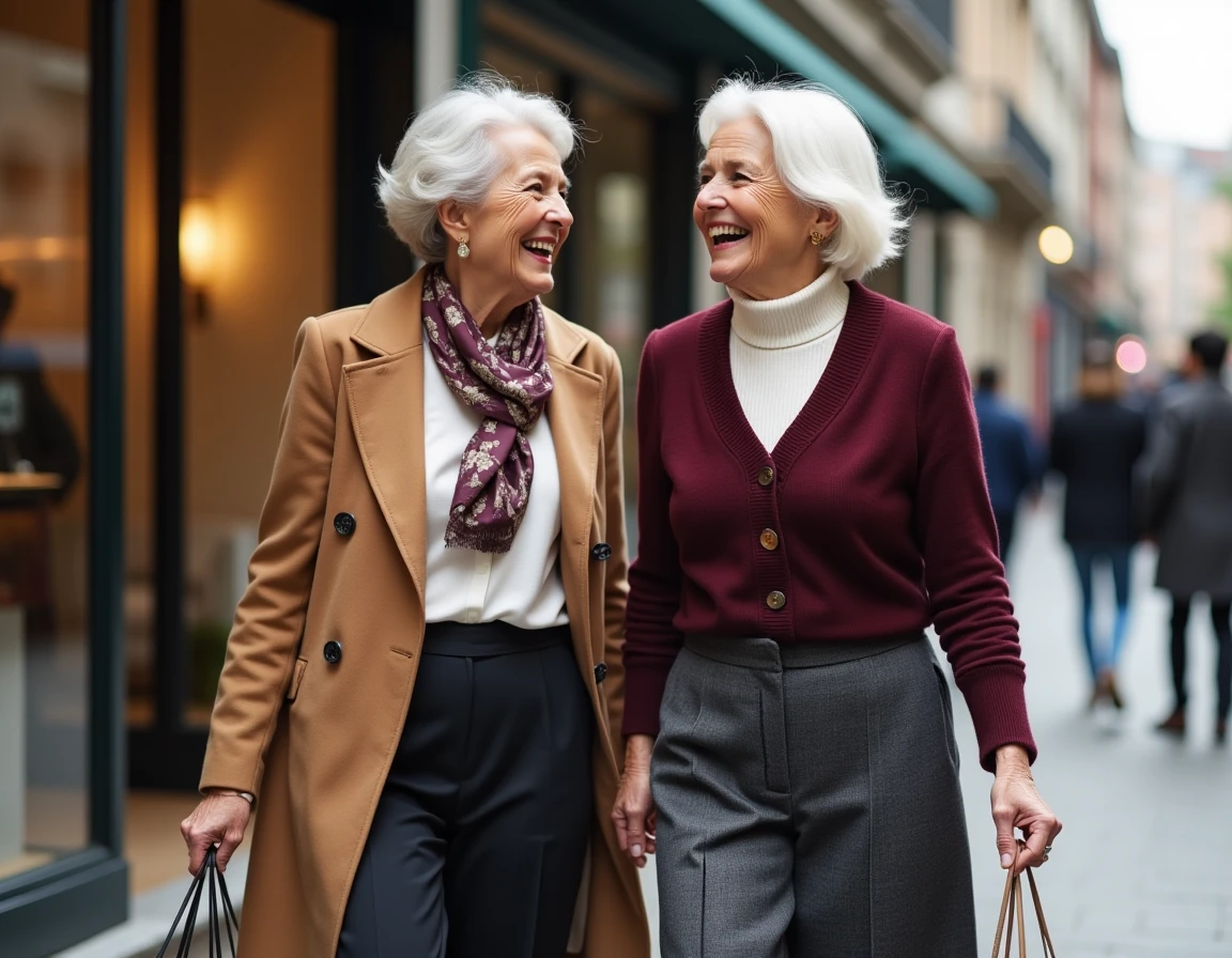 Deux femmes élégantes de plus de 70 ans en manteau camel et cardigan bordeaux se promenant dans une rue commerçante