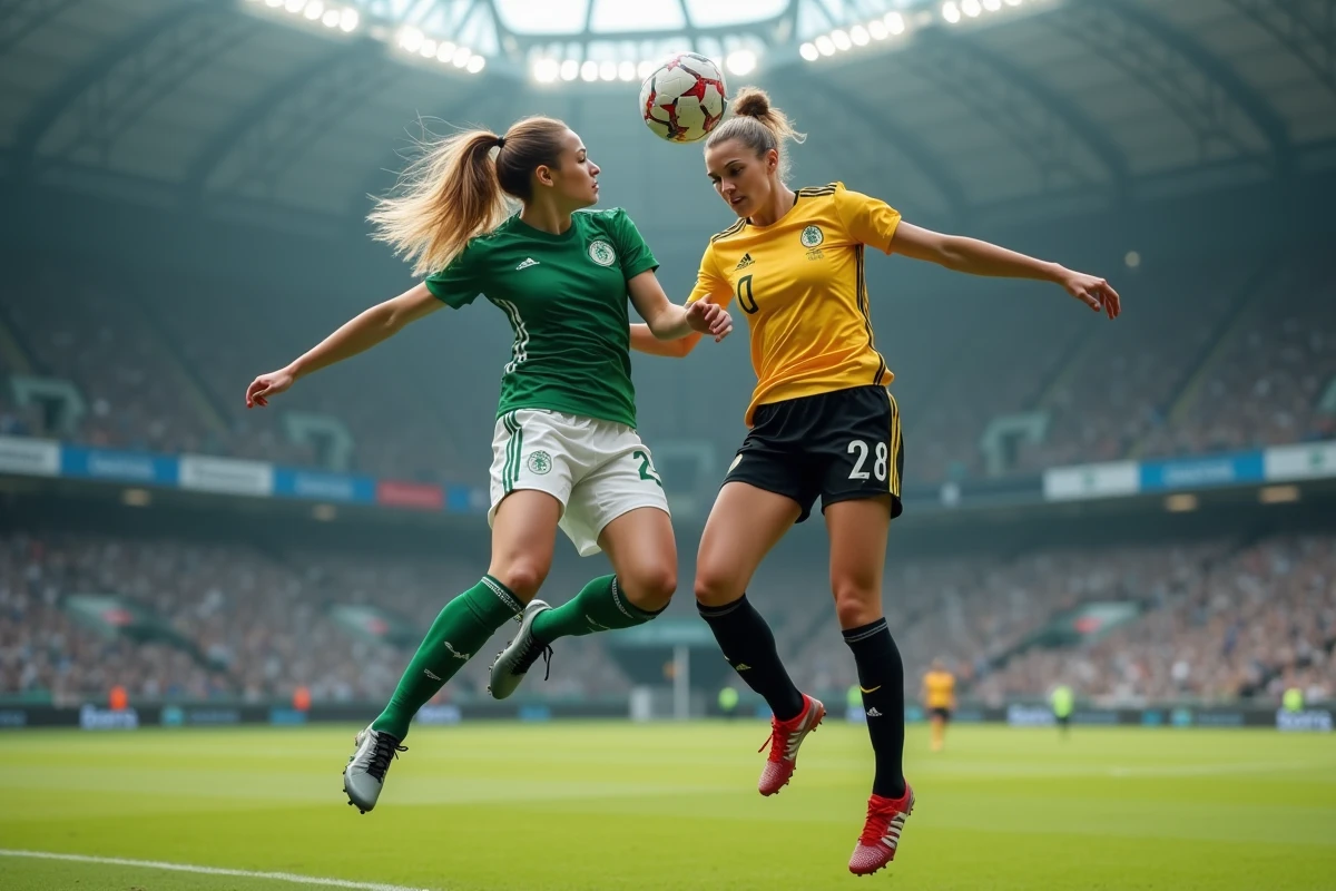 Deux joueuses de football féminin en duel aérien lors d'un match de compétition internationale dans un grand stade