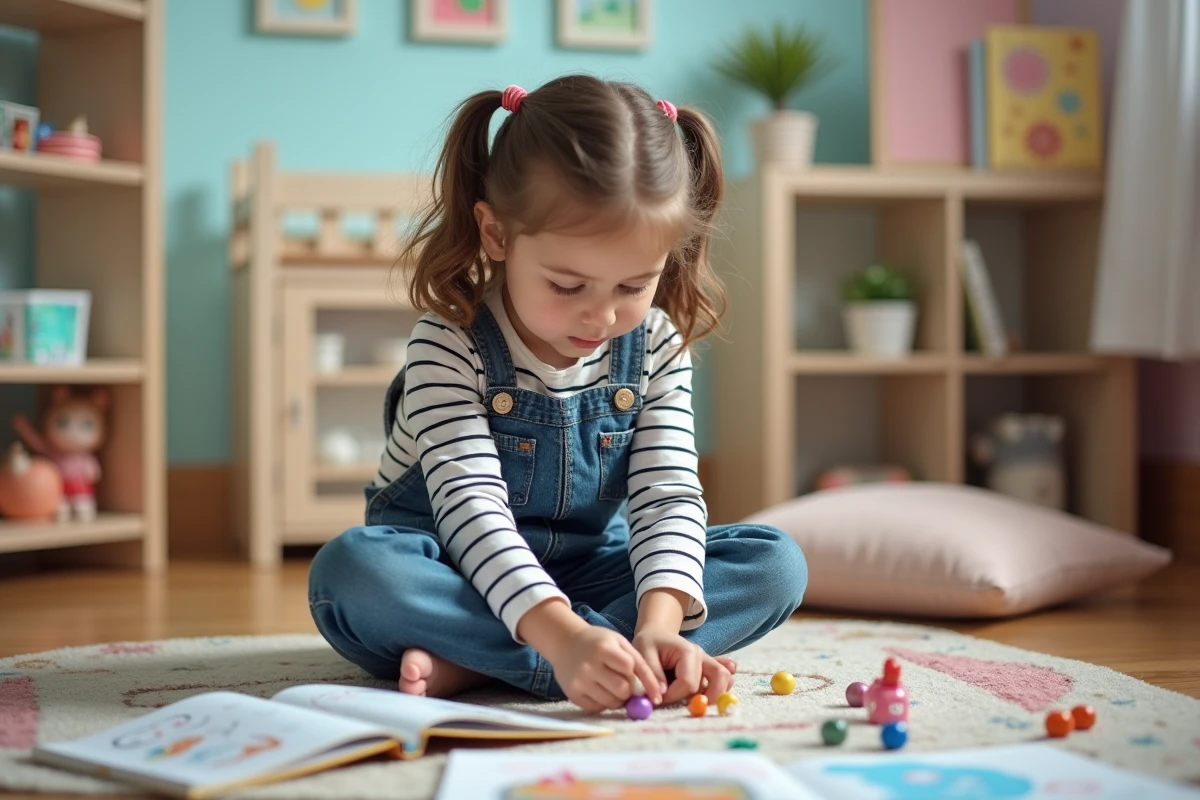 Petite fille concentrée jouant seule sur le sol de sa chambre entourée de dessins et de jouets, illustrant le monde intérieur mystérieux des enfants