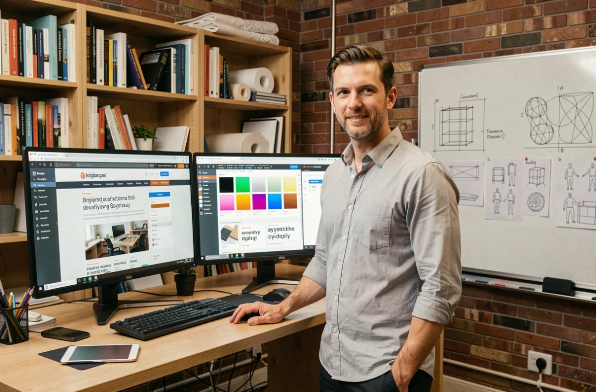 Entrepreneur masculin travaillant sur la création d'un site web professionnel dans un studio de design créatif