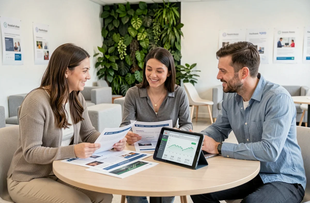 Équipe de petite entreprise analysant les performances d'un site web professionnel dans un espace de coworking