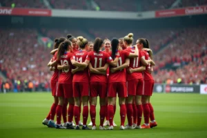 Joueuses de football féminin professionnel célébrant ensemble sur le terrain d'un grand stade lors d'un match officiel