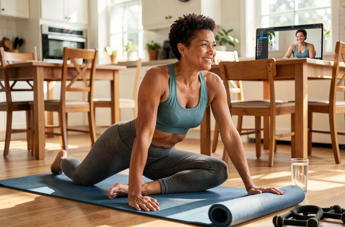 Femme d'âge moyen faisant des étirements après une séance de fitness guidée par un coach en ligne chez elle
