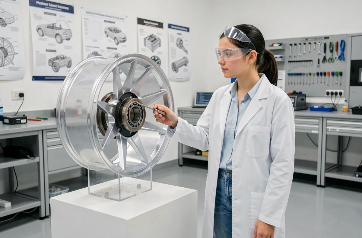 Étudiante en ingénierie mécanique analysant un modèle de roue automobile en coupe dans un laboratoire universitaire