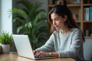 Femme consultant les dernières actualités informatiques sur un laptop dans un bureau moderne à domicile