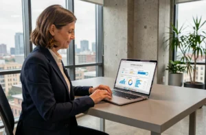 Femme d'affaires professionnelle consultant un site web d'entreprise sur un ordinateur portable dans un bureau moderne