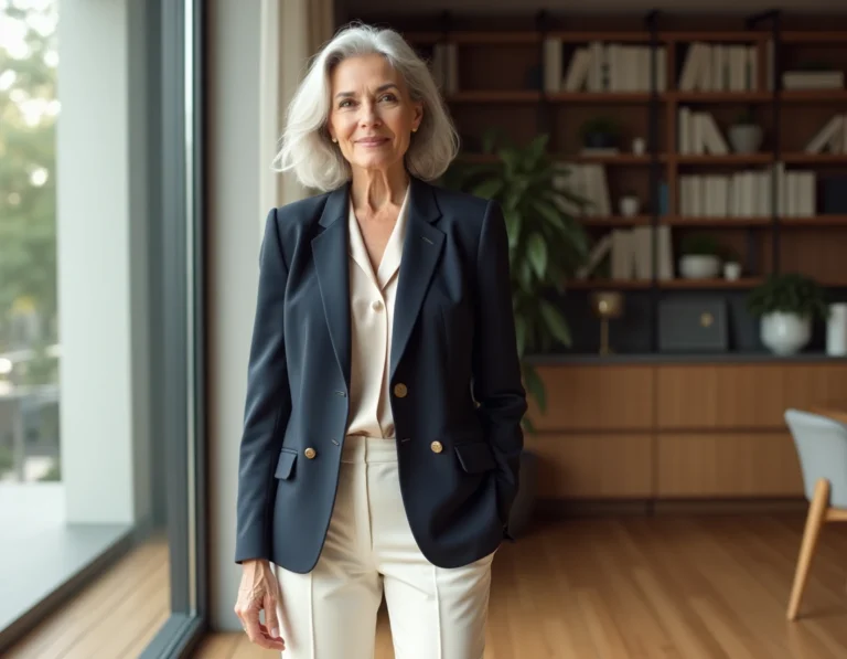Femme élégante de 70 ans en blazer marine et pantalon ivoire dans un appartement moderne aux tons chaleureux