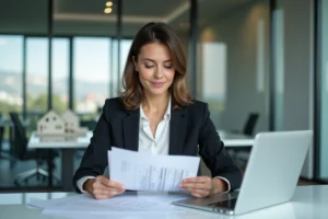 Femme d affaires examinant des documents immobiliers dans un bureau moderne