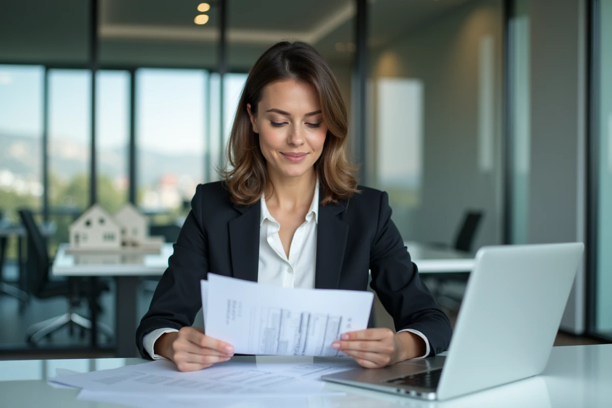 Femme d affaires examinant des documents immobiliers dans un bureau moderne