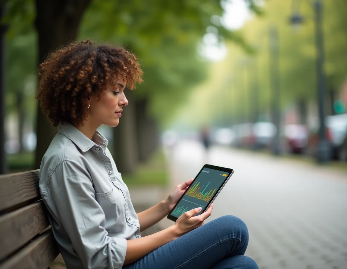 Femme consultant une plateforme d'économie participative sur tablette dans un parc urbain