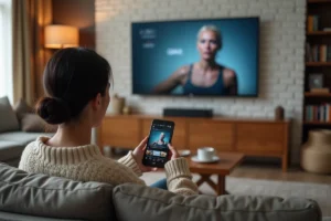 Femme regardant la série La Flamme en streaming sur son téléviseur depuis son canapé
