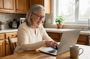 Femme senior en train de naviguer sur un site internet adapté aux seniors depuis son ordinateur portable dans une cuisine chaleureuse