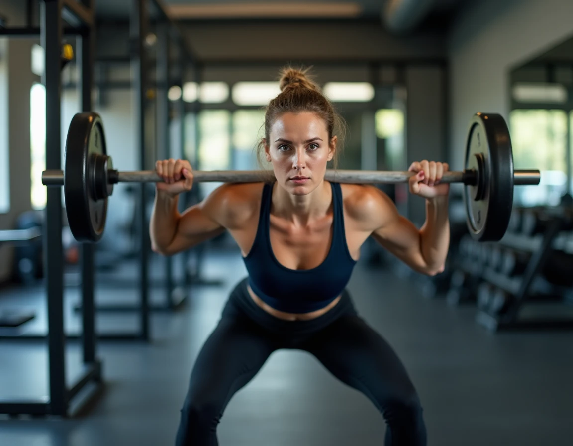 Femme en train de faire des squats avec une barre dans une salle de sport moderne, posture correcte et expression concentrée