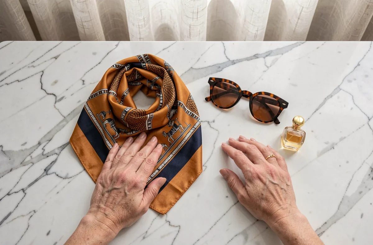 Flat lay d'accessoires de luxe sur marbre blanc incluant foulard en soie, lunettes écaille et flacon de parfum doré
