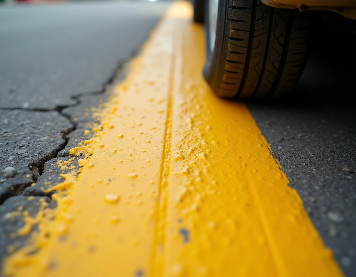 Gros plan sur une bande jaune continue de stationnement peinte sur l'asphalte avec un pneu de voiture empiétant sur la zone interdite