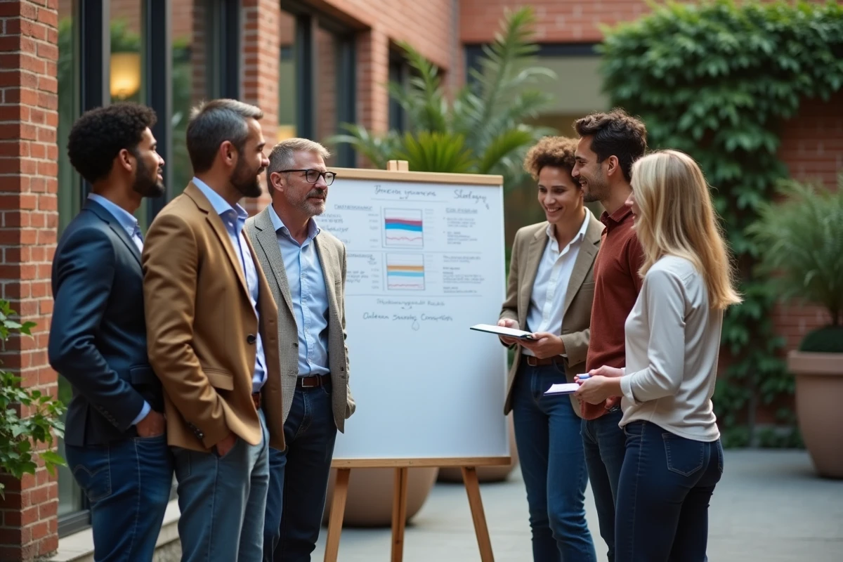Groupe de professionnels en discussion en extérieur