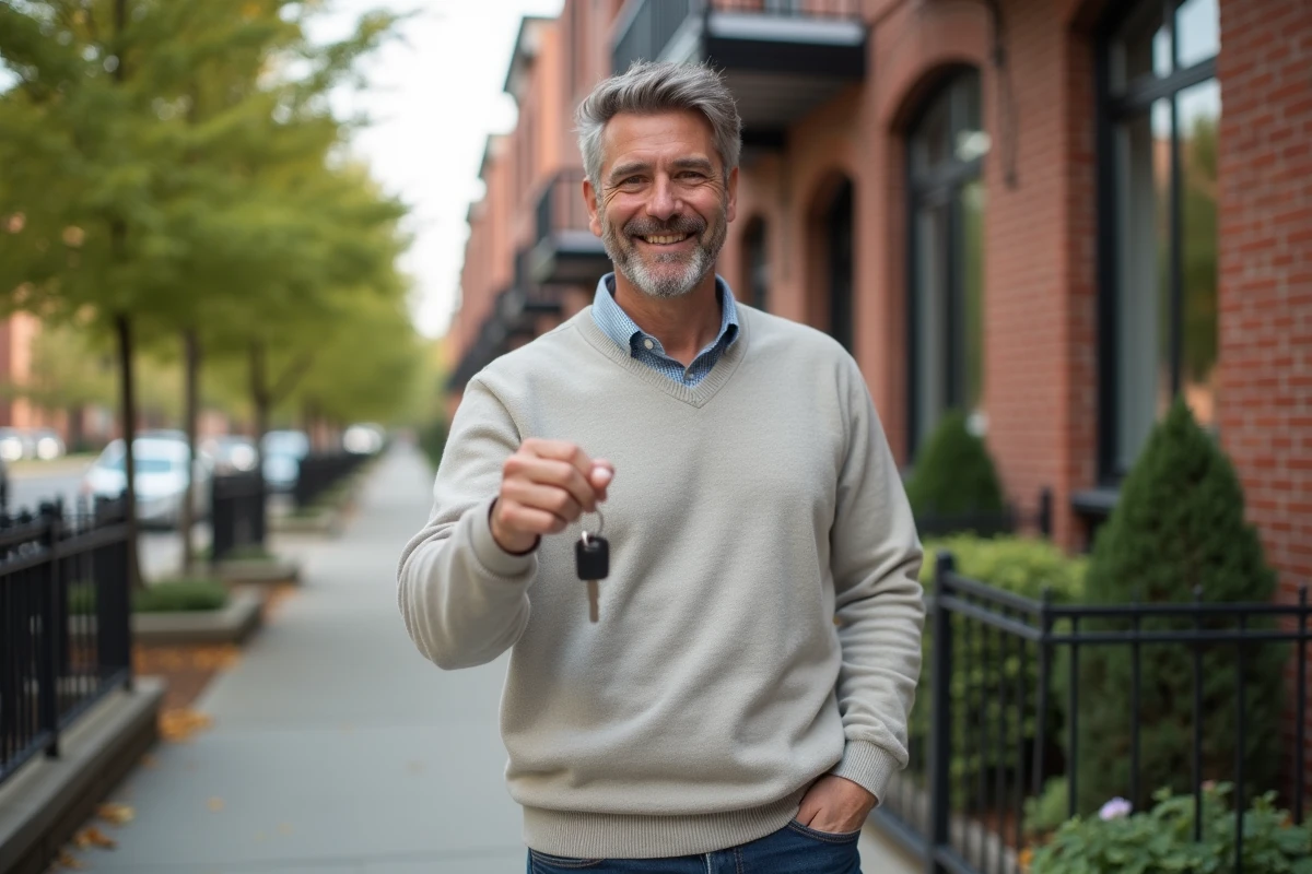 Homme souriant tenant des clés devant un immeuble résidentiel
