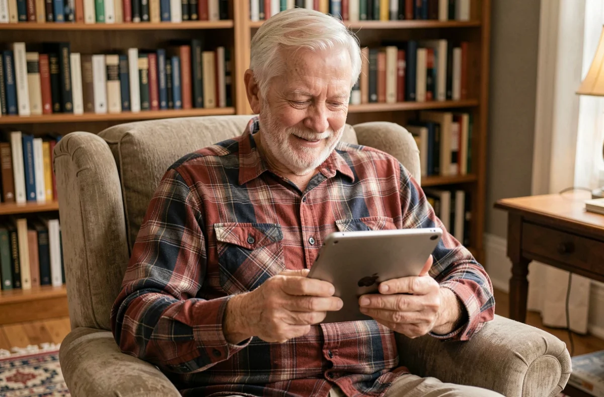Homme âgé utilisant une tablette numérique pour consulter le plan d'un site web dédié aux seniors dans son salon