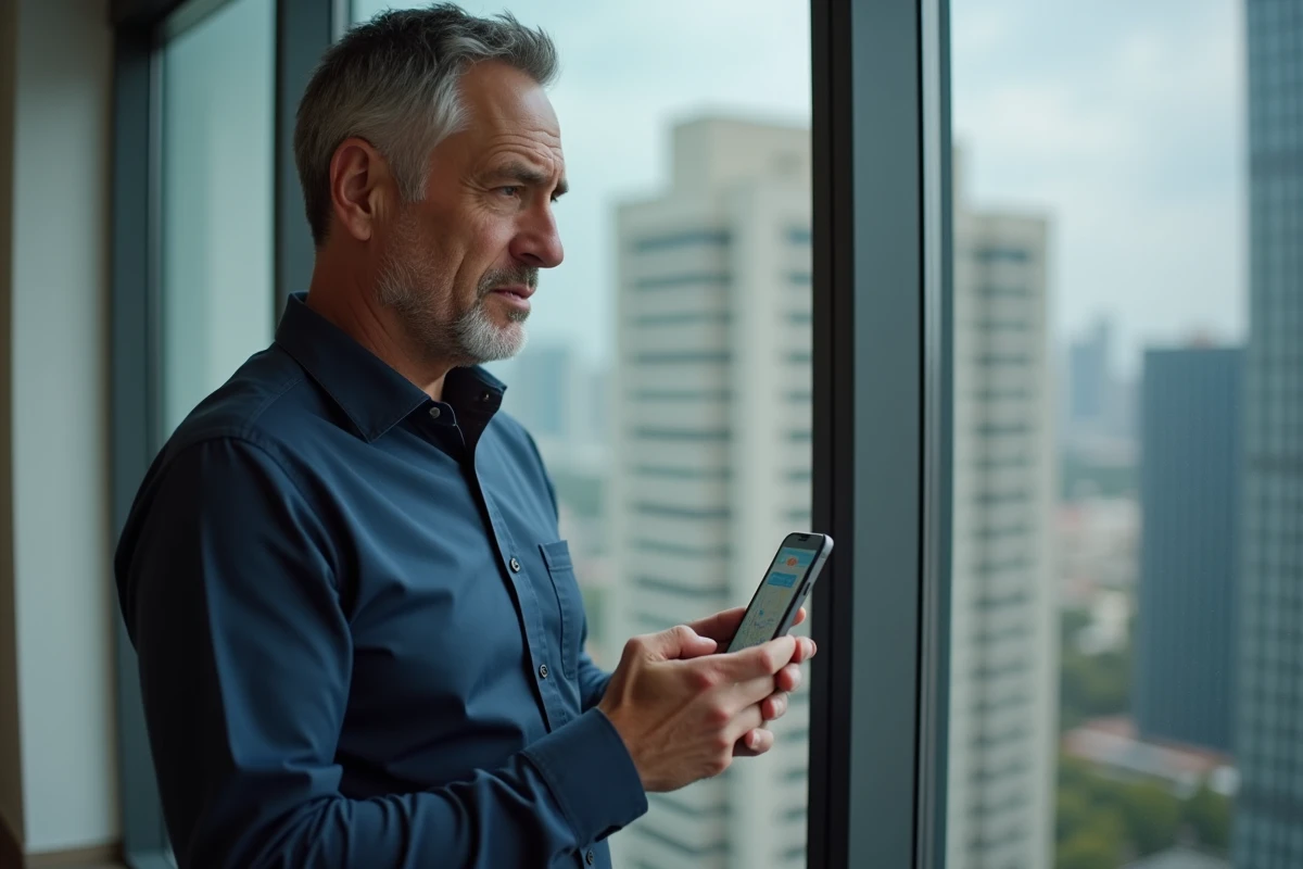 Homme consultant une application de cartographie sur son smartphone pour trouver une adresse