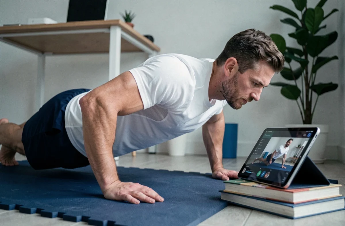 Homme suivant une séance de coaching sportif en ligne sur tablette dans un espace fitness à domicile