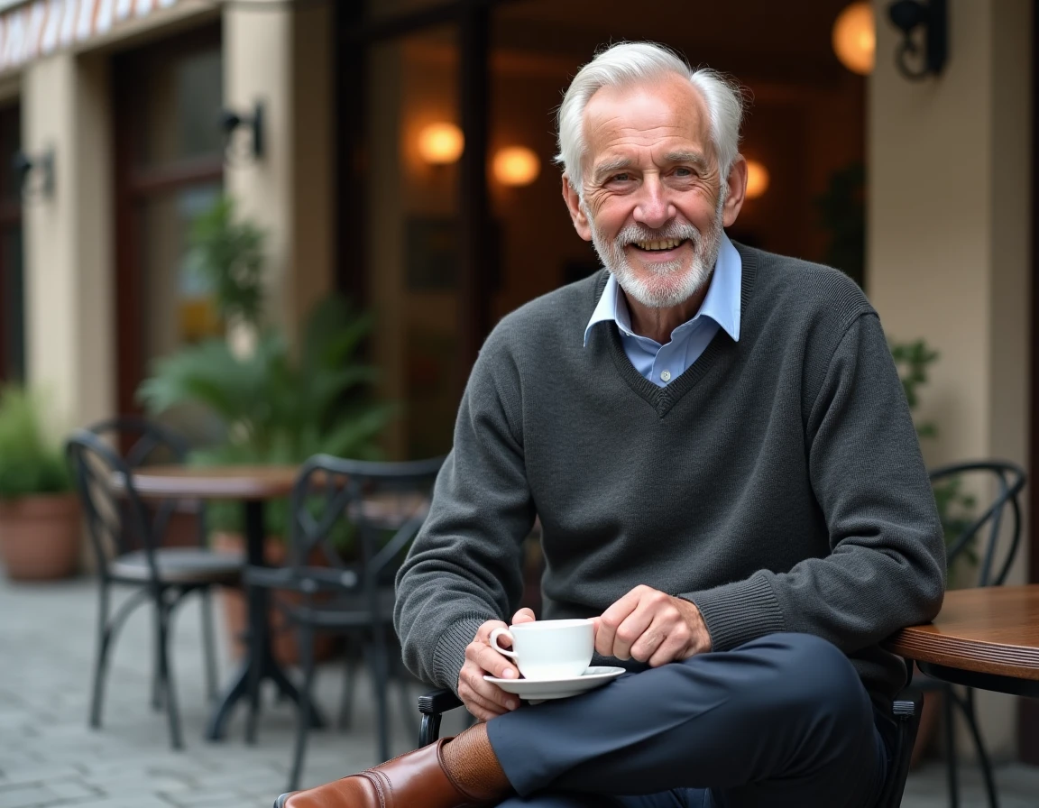 Homme distingué de 75 ans en pull en laine gris et chinos foncés assis à une terrasse de café européen