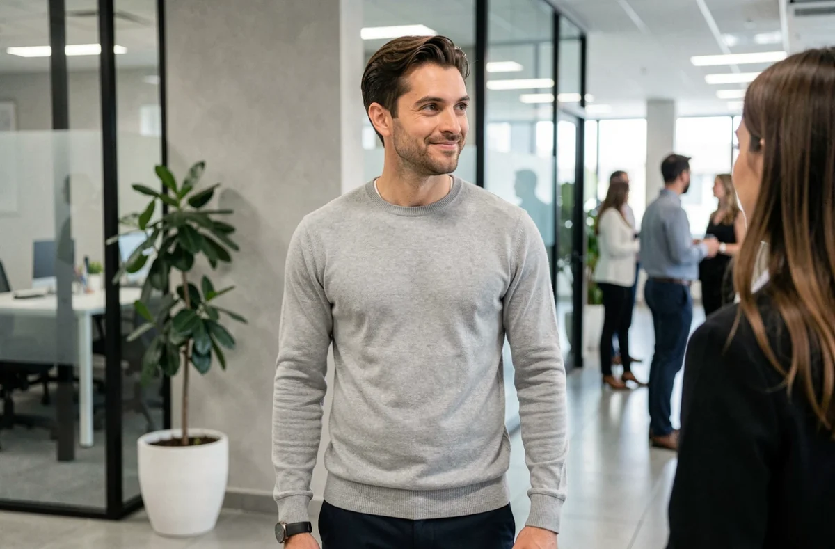 Un homme en bureau détourne le regard d'une collègue qui s'approche, révélant une timidité ou un intérêt non exprimé en milieu professionnel