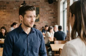 Un homme dans un café détourne rapidement le regard d'une femme, exprimant une timidité subtile dans un contexte social urbain