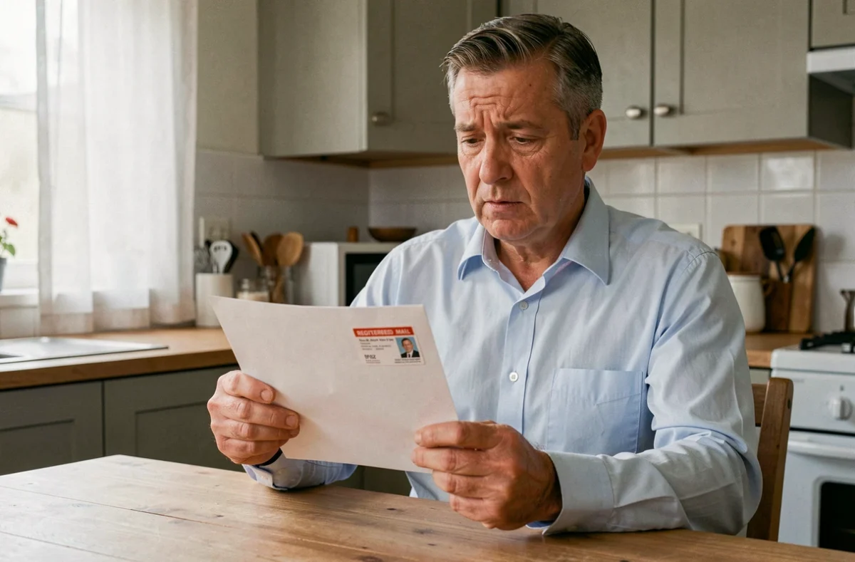 Homme lisant une lettre recommandée 2C envoyée par une banque à la table de sa cuisine