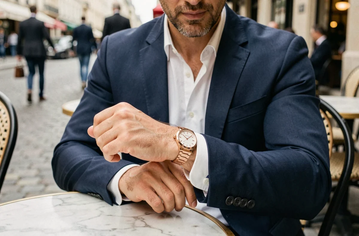 Homme en costume marine ajustant une montre en or rose à une terrasse de café parisienne