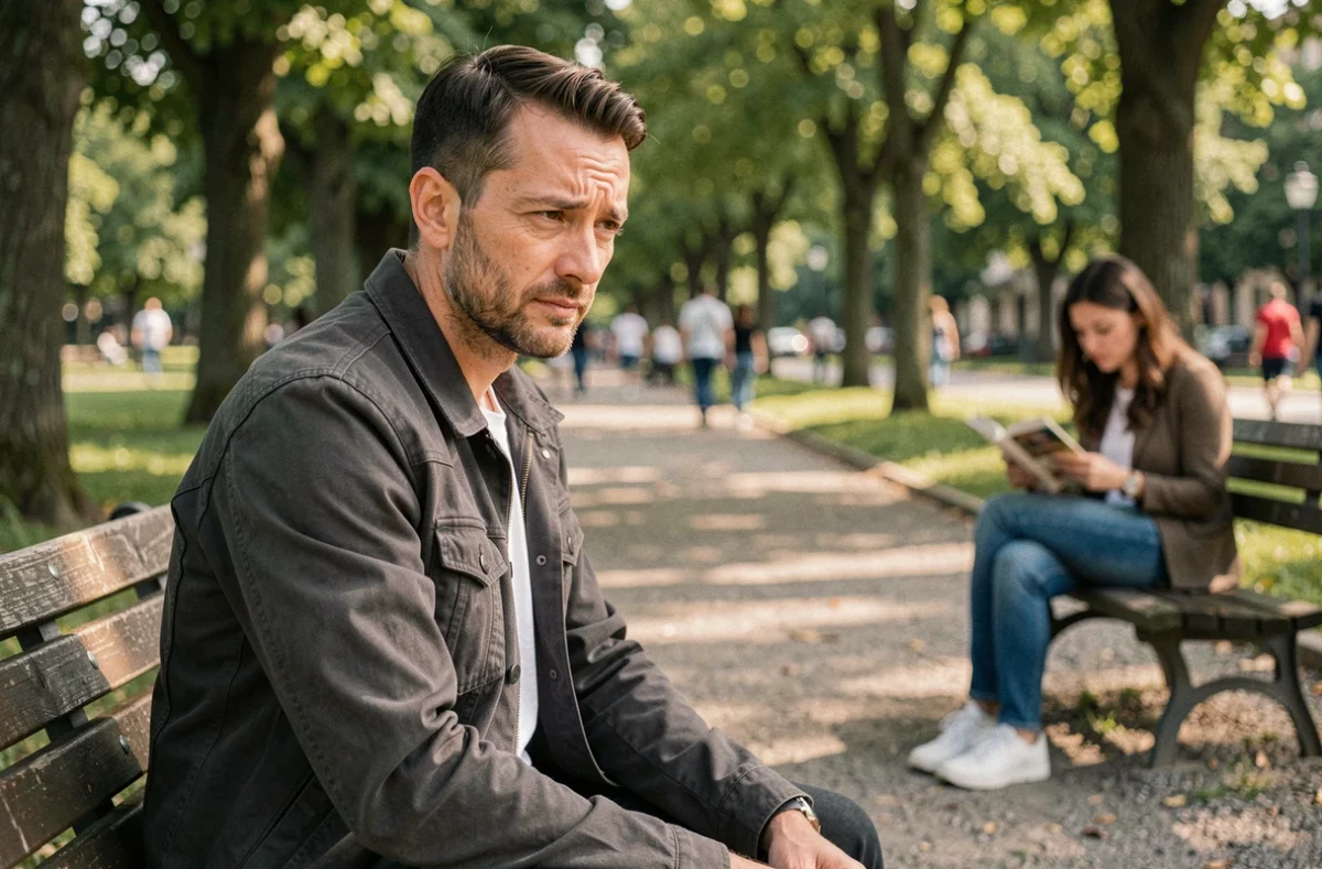 Un homme assis sur un banc de parc détourne le regard d'une femme proche, dans une scène candide illustrant la timidité et l'attirance non verbale