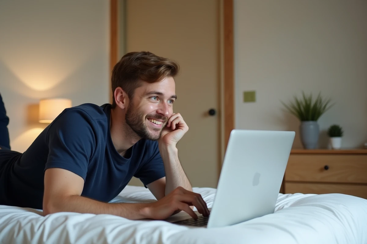 Homme regardant La Flamme en streaming gratuit sur son ordinateur portable dans sa chambre