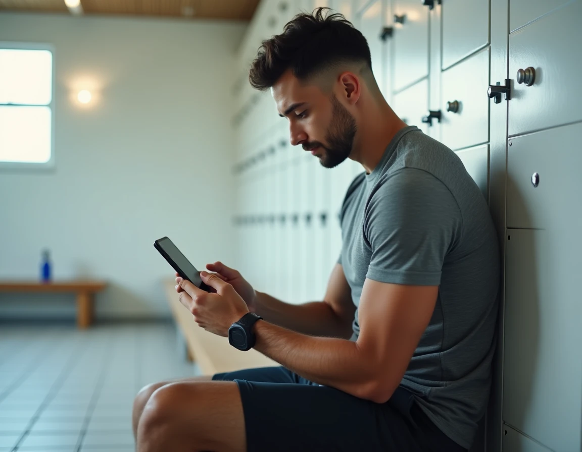 Homme consultant une application de suivi fitness sur son téléphone dans un vestiaire après l'entraînement