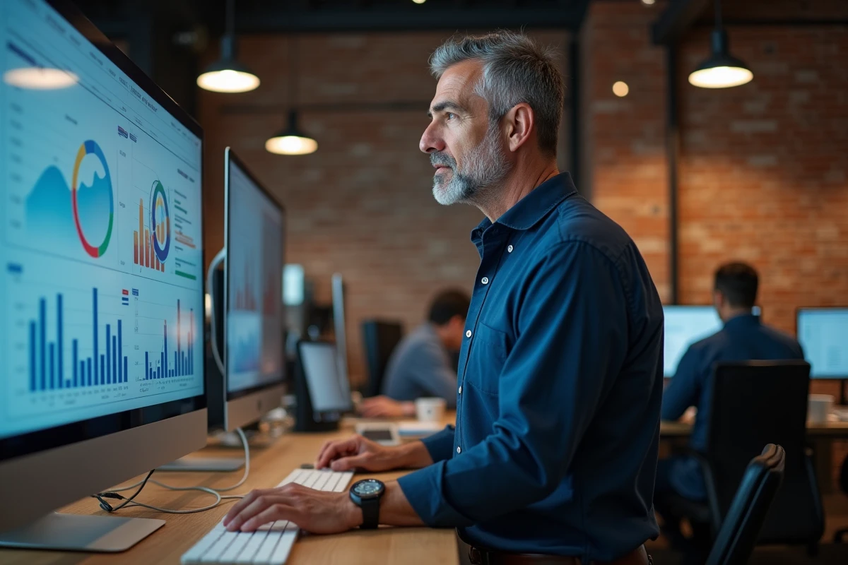 Homme analysant des tendances informatiques sur un grand écran dans un espace de coworking moderne