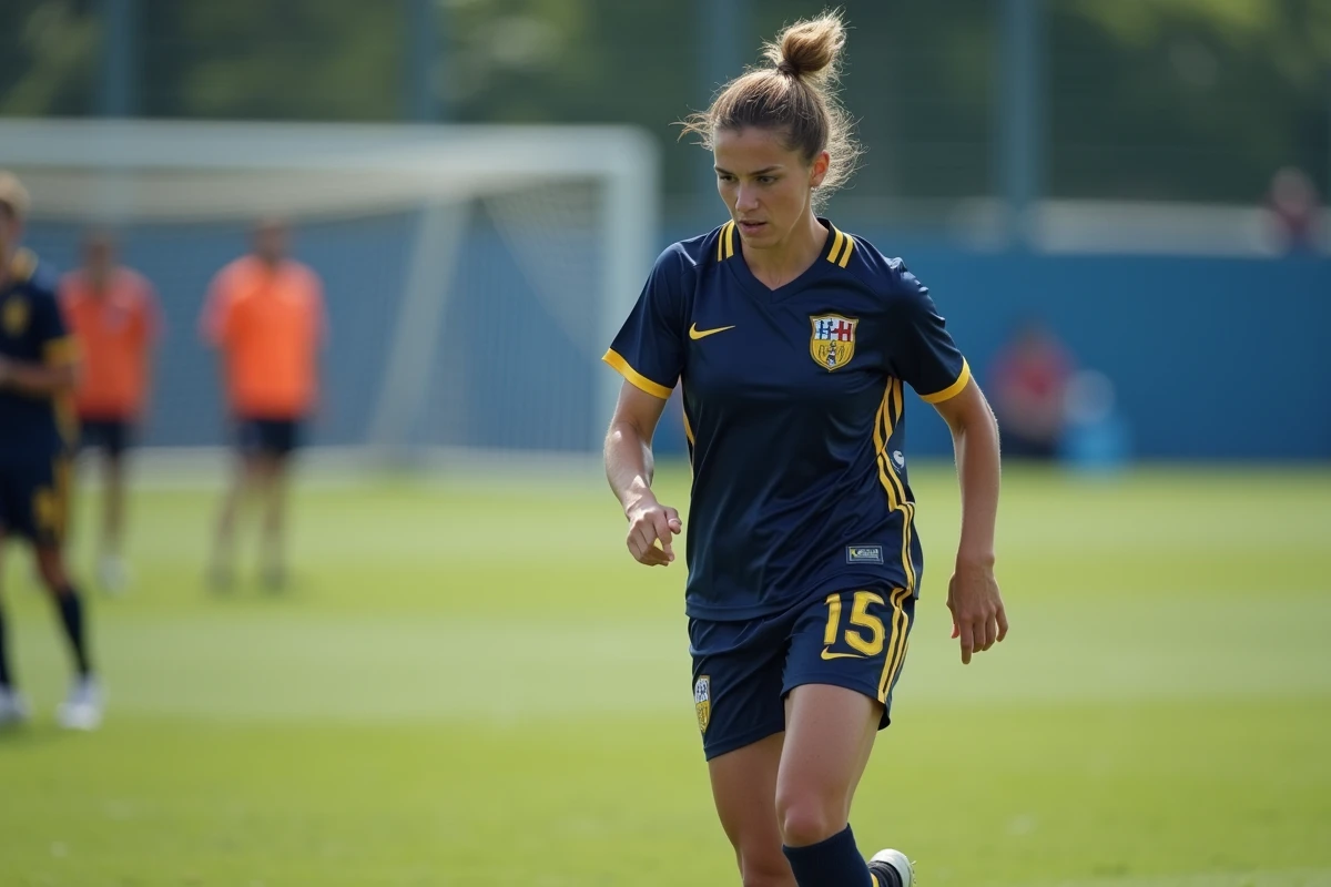 Joueuse de football féminin en action lors d'un entraînement avec ballon sur un terrain de club professionnel